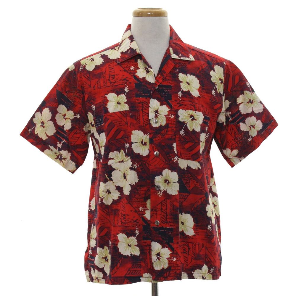 Vintage 80s Red Hawaiian Floral Camp Shirt Men's Cotton Button Front Large